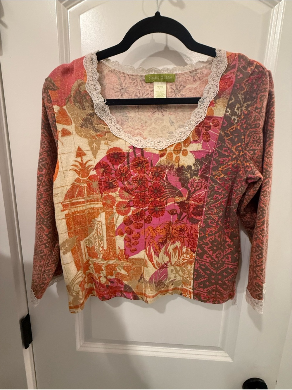 Sigrid Olsen Floral Lace-Trim Long Sleeve Top - Pink Multi
